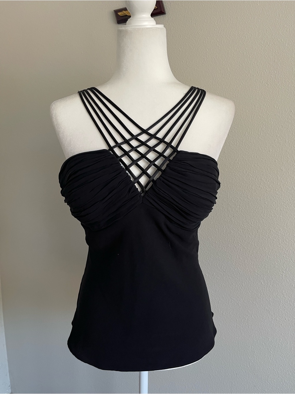 S.L. Fashions Black Strappy Cross-Back Ruched Bust Camisole and Pants Set